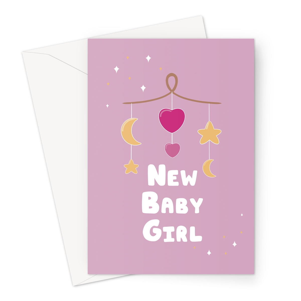 New baby girl greeting card with pastel pink background, hanging moon and star nursery mobile illustration and soft newborn design