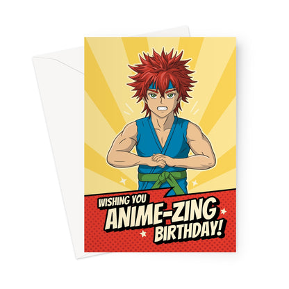 Funny anime birthday card featuring a red-haired manga character with bold text saying “Wishing You an Anime-zing Birthday!”