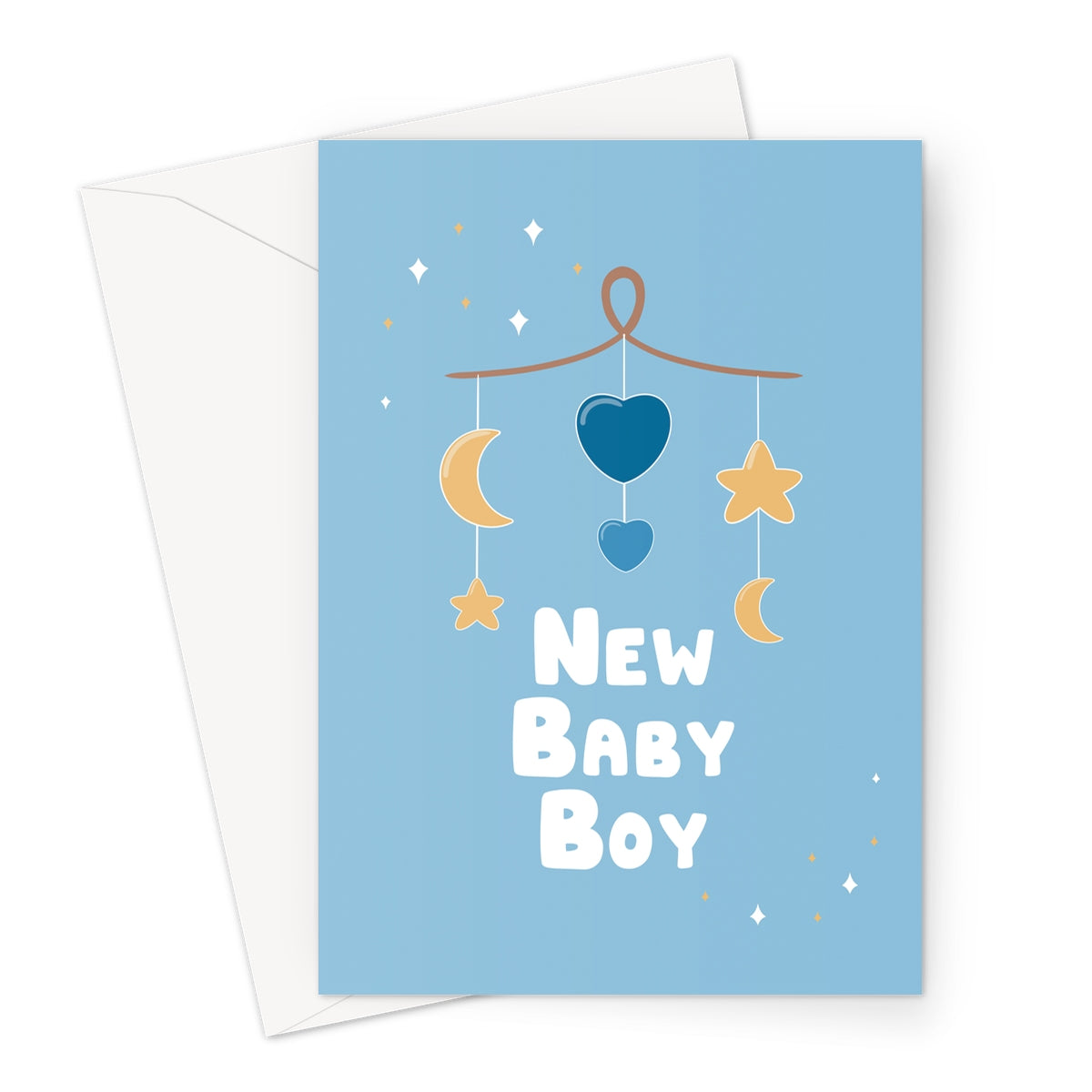 New baby boy greeting card with pastel blue background, hanging moon and star nursery mobile illustration and soft baby design