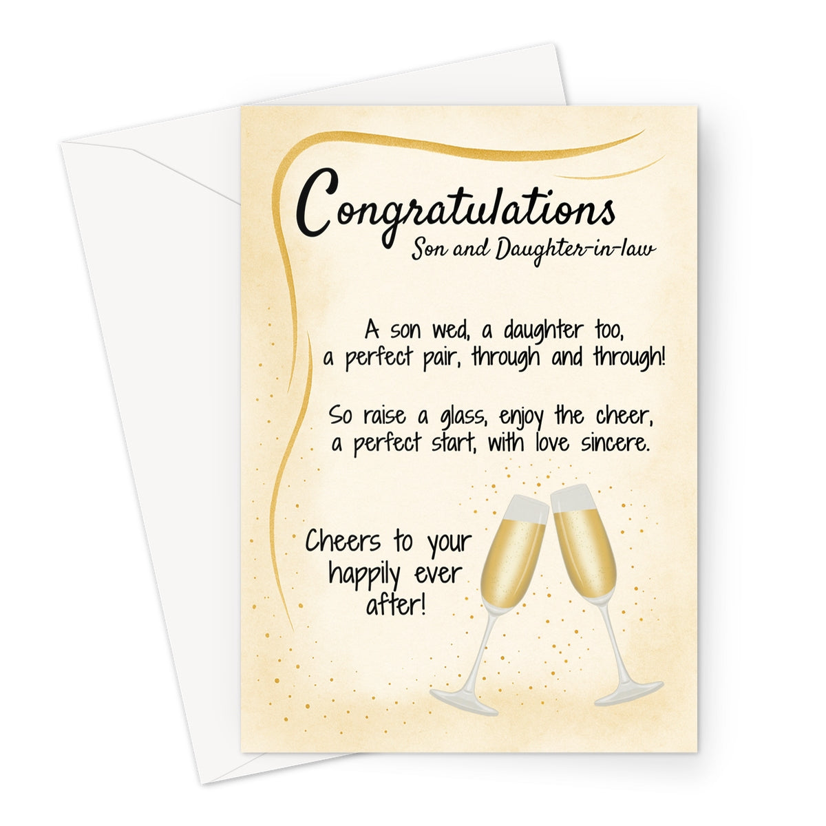 Wedding congratulations card for son and daughter-in-law with golden champagne glasses and poem. Elegant design with soft gold background.
