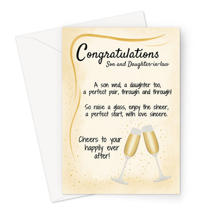 Wedding congratulations card for son and daughter-in-law with golden champagne glasses and poem. Elegant design with soft gold background.