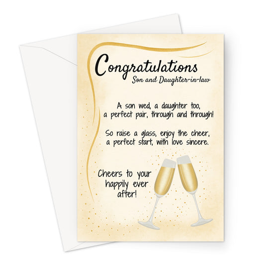 Wedding congratulations card for son and daughter-in-law with golden champagne glasses and poem. Elegant design with soft gold background.