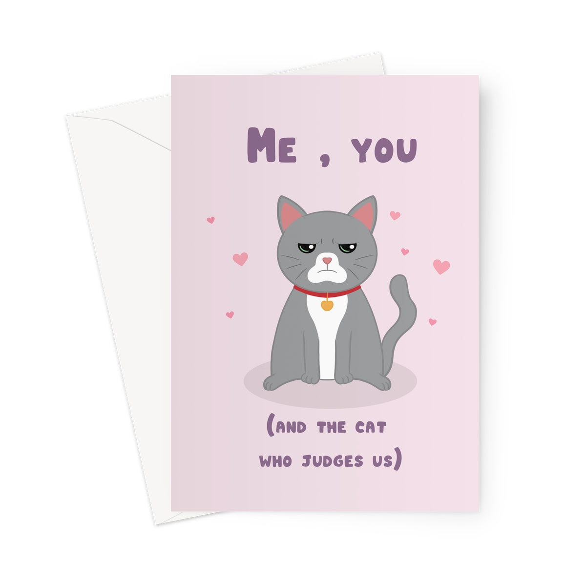 Funny couple greeting card with illustrated grumpy grey cat and hearts on a pink background