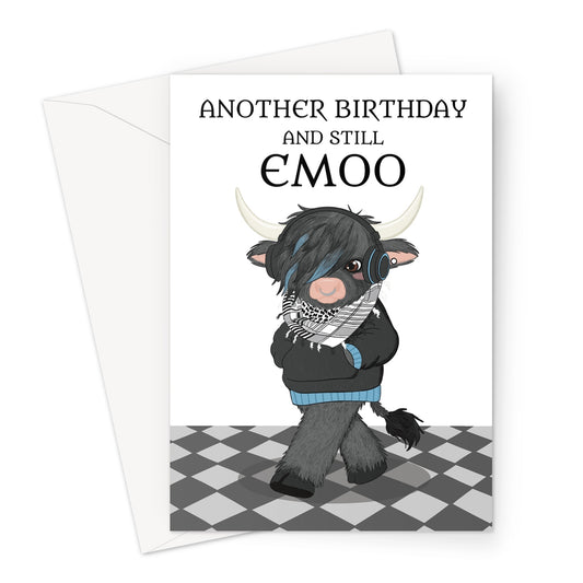 funny emo cow birthday card with headphones fringe and still emoo birthday pun