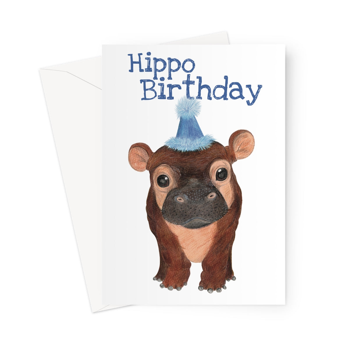 Cute hippo birthday card with party hat and “Hippo Birthday” pun