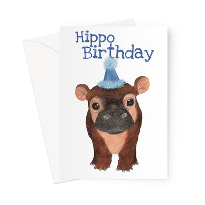 Cute hippo birthday card with party hat and “Hippo Birthday” pun