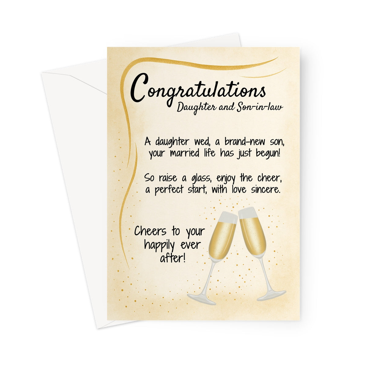 Wedding congratulations card for daughter and son-in-law with champagne glasses on a golden background. Includes heartfelt poem and elegant accents.