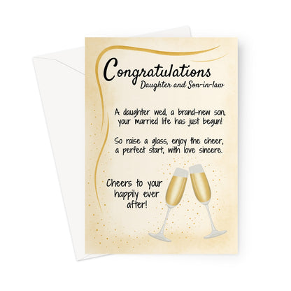 Wedding congratulations card for daughter and son-in-law with champagne glasses on a golden background. Includes heartfelt poem and elegant accents.