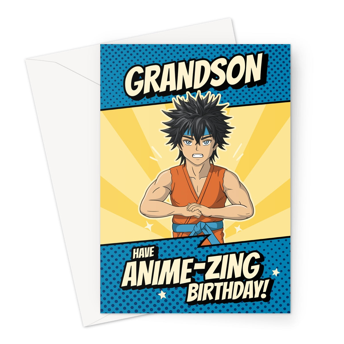 Grandson anime birthday card with anime-style character and anime-zing birthday message in comic book style