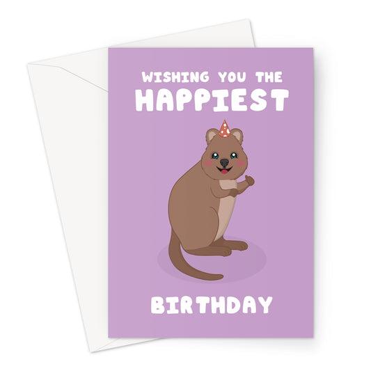Cute quokka birthday card wearing a party hat with wishing you the happiest birthday message on purple background
