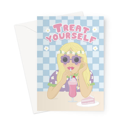 Cute treat yourself greeting card with pastel illustration of a girl wearing flower sunglasses enjoying a milkshake and cake