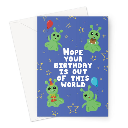 Out of this world birthday card with cute green aliens, balloons, stars and birthday cake on a blue background