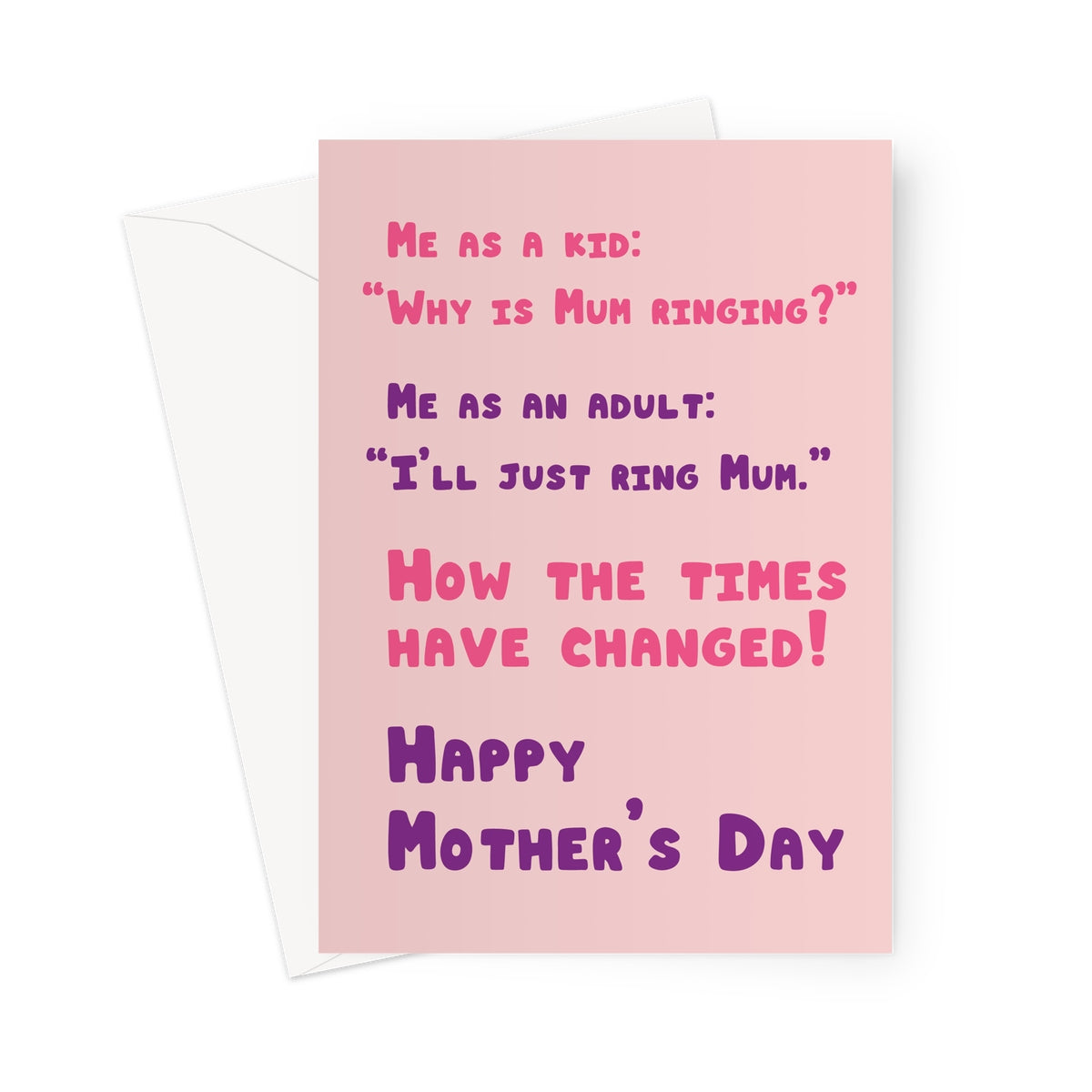 Funny Mother’s Day card with text about ringing mum as an adult on a pink background