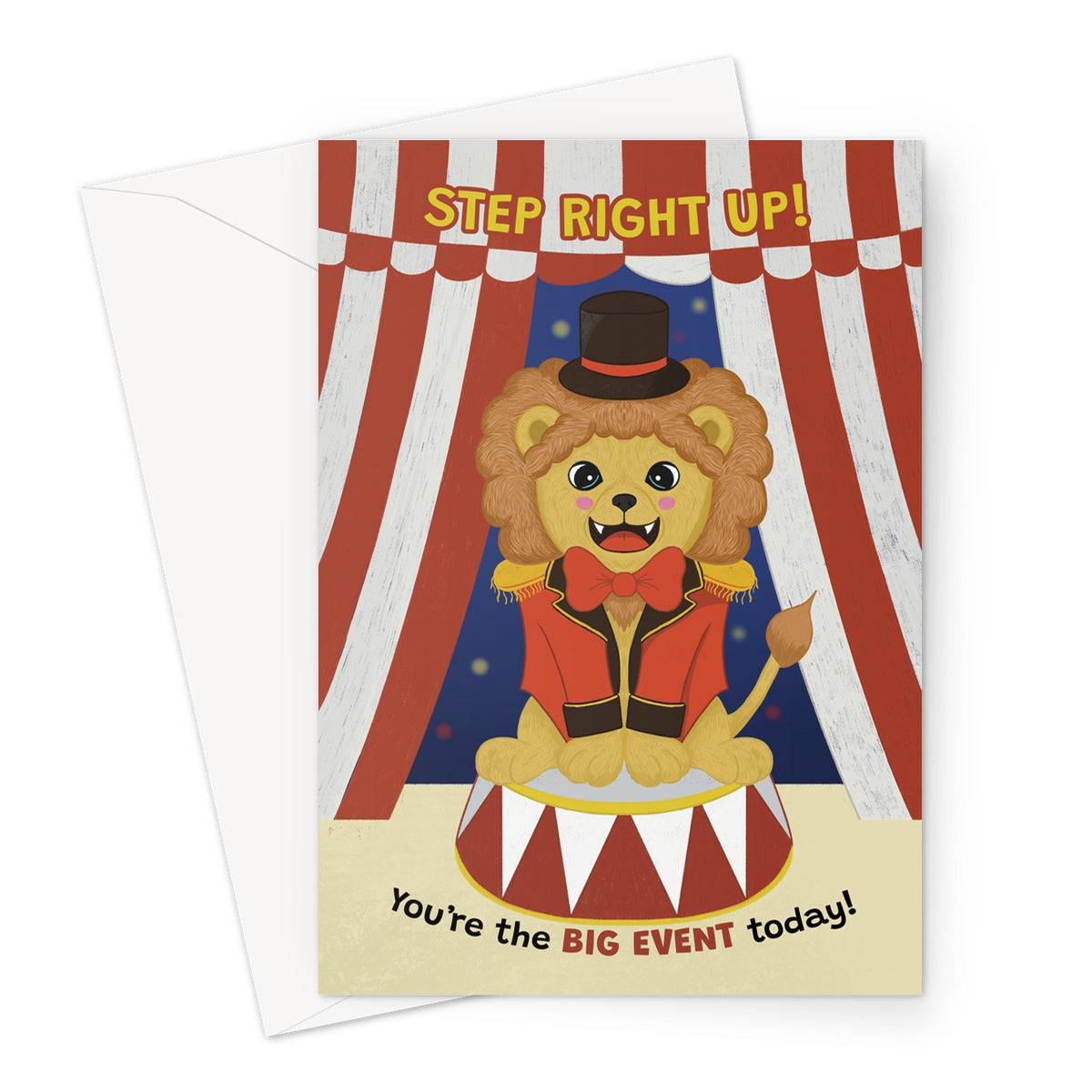 cute circus lion birthday card with ringmaster outfit and big event birthday message