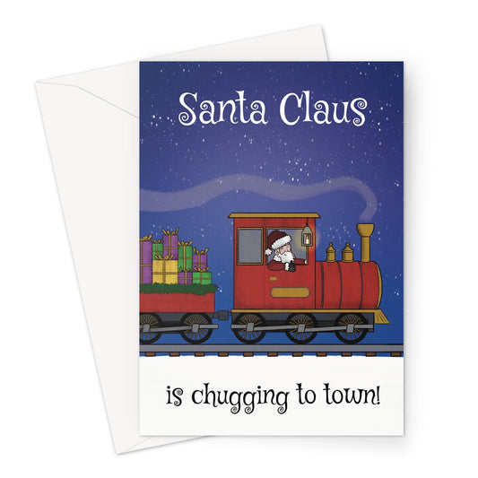Santa Claus driving a red steam train loaded with Christmas presents at night