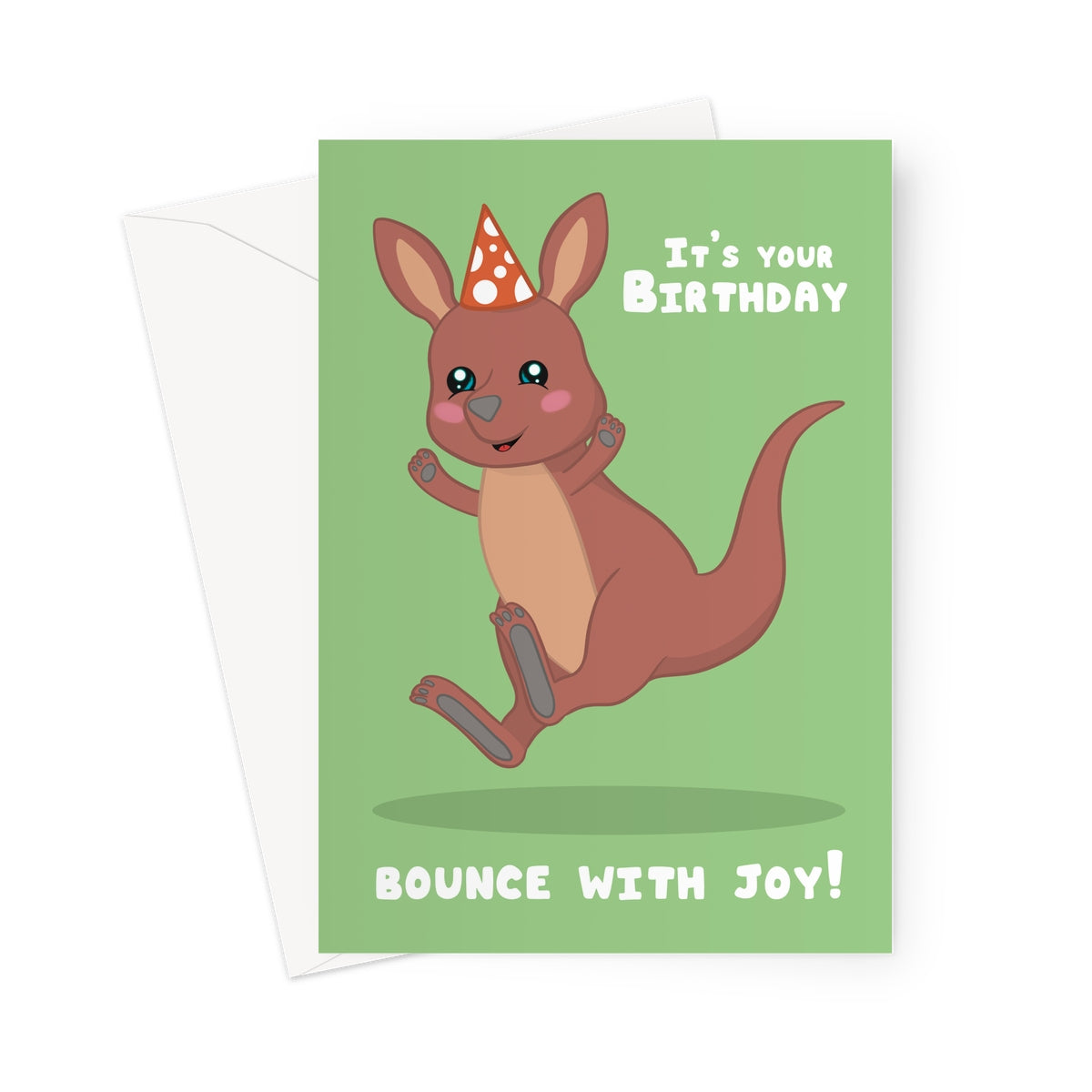 Cute kangaroo birthday card wearing a party hat with bounce with joy birthday message on green background