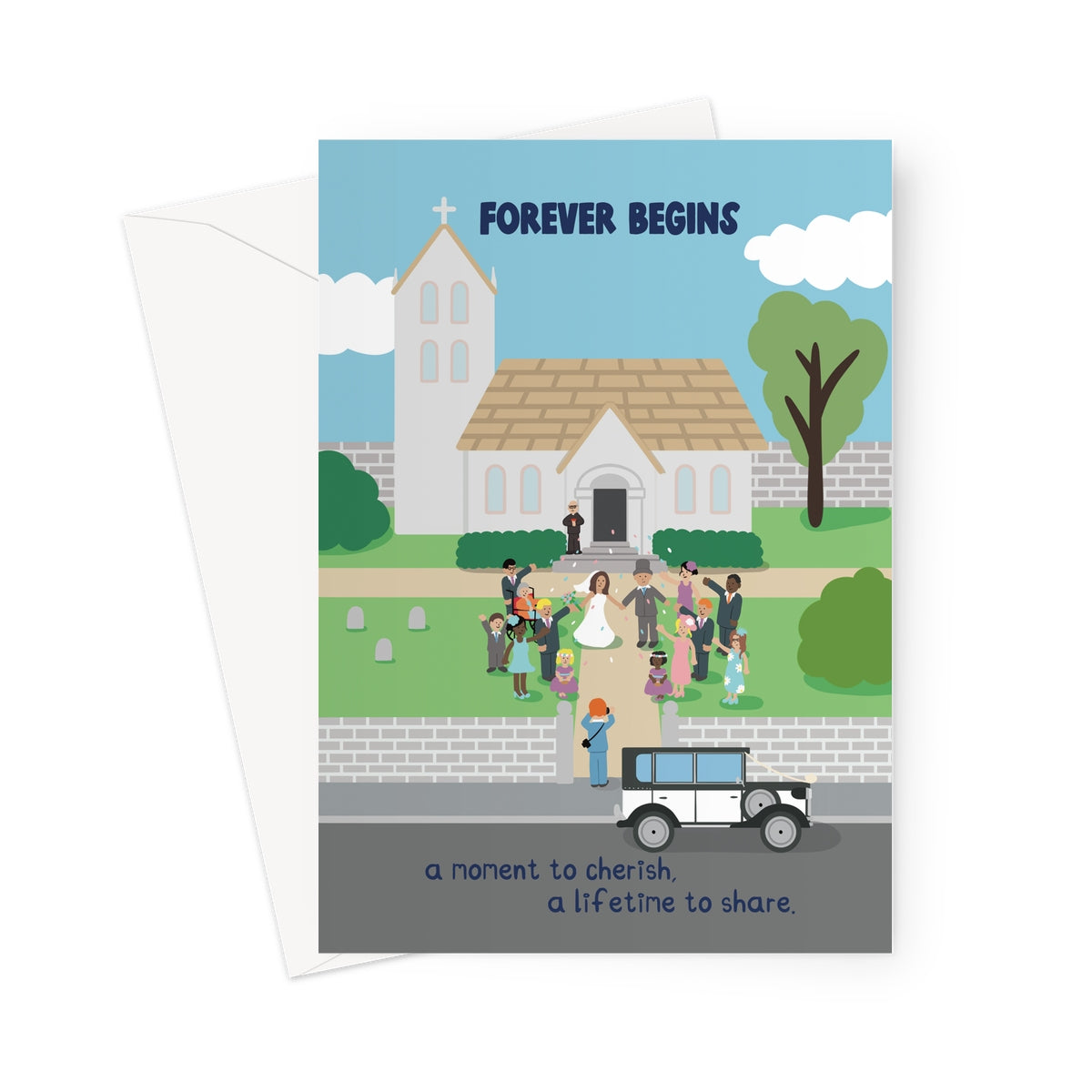 Illustrated card showing newlyweds leaving a church with guests throwing confetti and a vintage wedding car, titled “Forever Begins”.