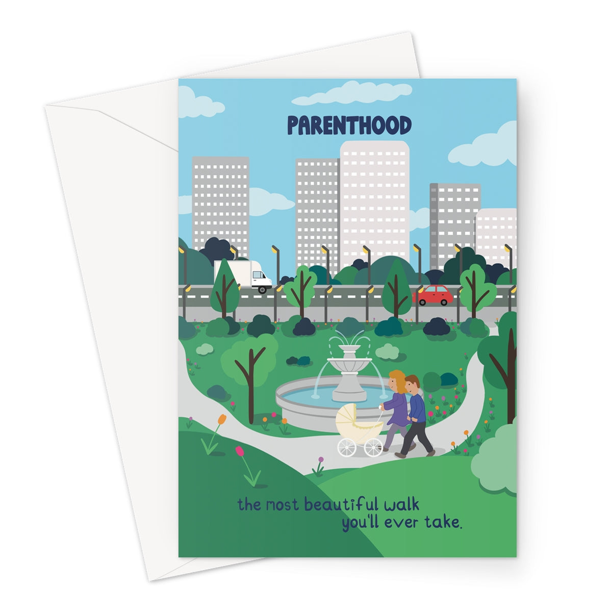 Illustrated card of new parents pushing a pram through a park with a fountain, city buildings in the background, titled “Parenthood”.