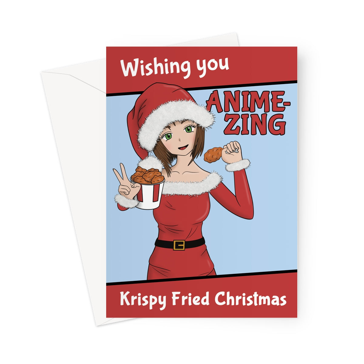 Anime Christmas card with festive girl in Santa outfit holding fried chicken and funny holiday text
