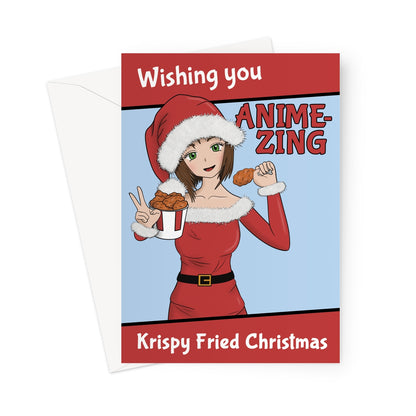 Anime Christmas card with festive girl in Santa outfit holding fried chicken and funny holiday text