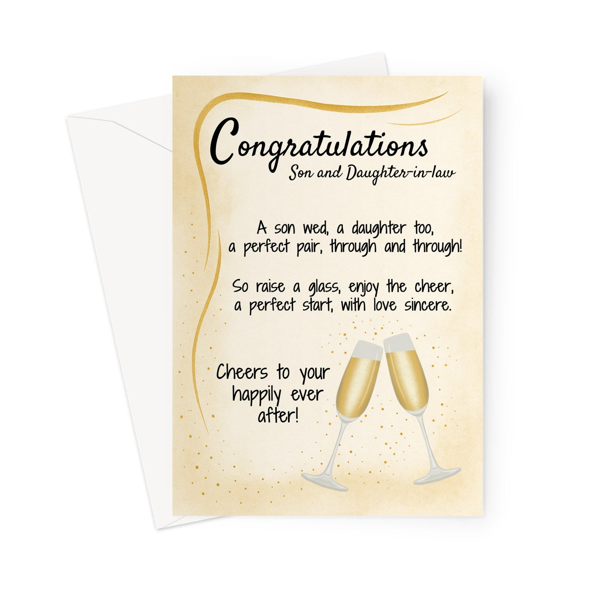 Wedding congratulations card for son and daughter-in-law with golden champagne glasses and poem. Elegant design with soft gold background.