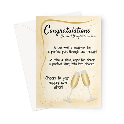 Wedding congratulations card for son and daughter-in-law with golden champagne glasses and poem. Elegant design with soft gold background.