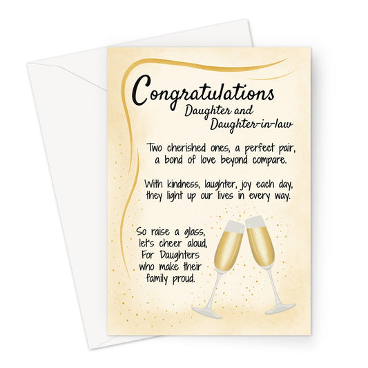 Wedding congratulations card for daughter and daughter-in-law with golden champagne glasses and heartfelt poem. Inclusive LGBTQ+ wedding card with elegant accents.