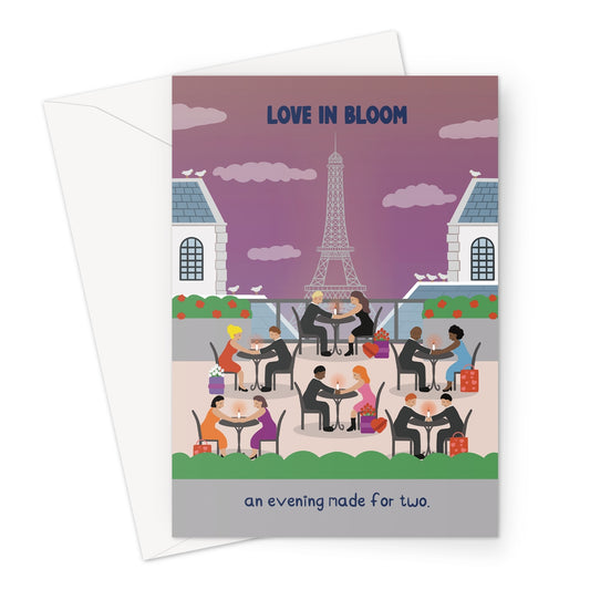 Illustrated card of couples dining by candlelight on a Paris terrace with the Eiffel Tower in the background, titled “Love in Bloom”.