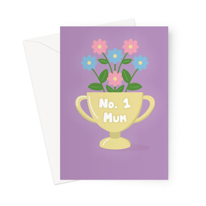 No.1 mum greeting card with illustrated trophy filled with pastel flowers on a purple background