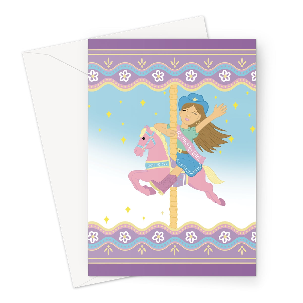 Cute girls birthday card showing a birthday girl riding a pastel carousel horse with sparkles and decorative borders