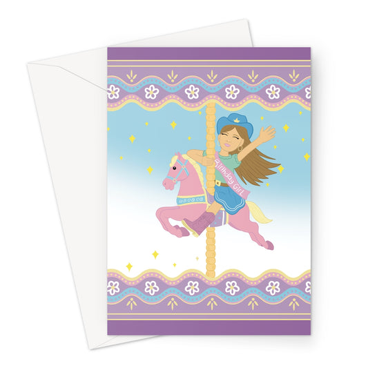 Cute girls birthday card showing a birthday girl riding a pastel carousel horse with sparkles and decorative borders