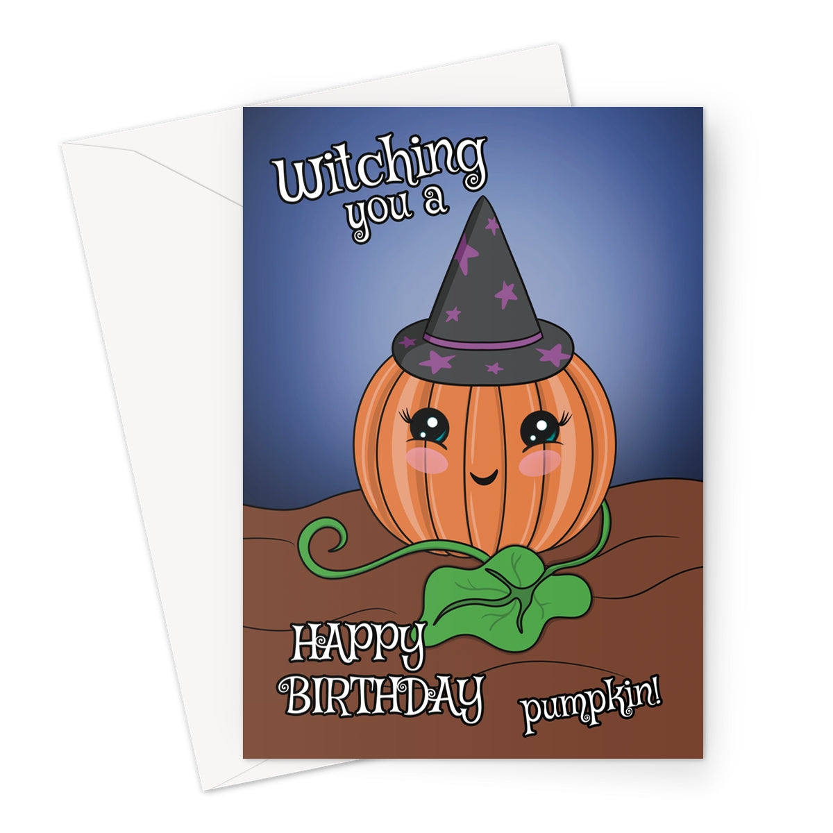 Cute Halloween birthday card featuring a smiling pumpkin in a witch hat with the text “Witching You a Happy Birthday Pumpkin!” on a blue and brown background.