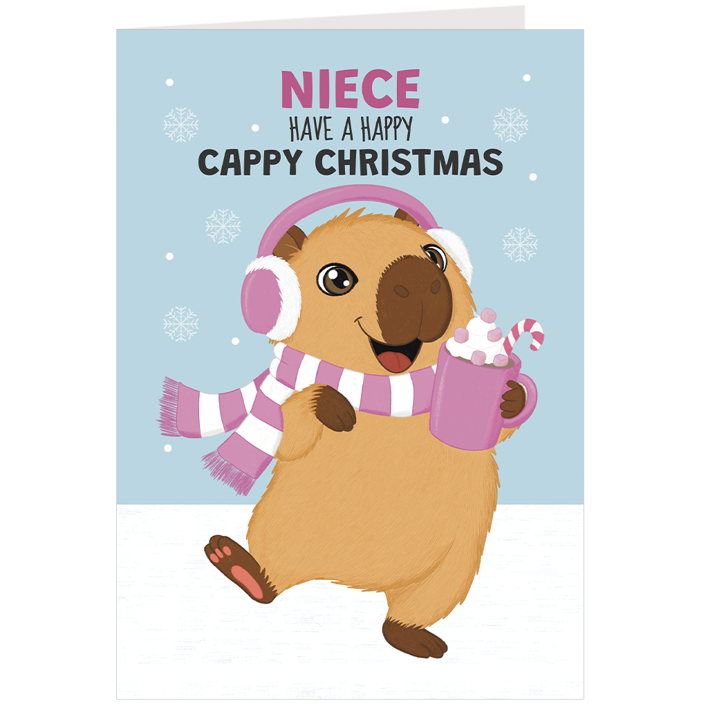 A Christmas greeting card featuring a cartoon beaver wearing pink earmuffs and a pink-and-white striped scarf, holding a pink mug with whipped cream and a candy cane. The card reads 'NIECE HAVE A HAPPY CAPPY CHRISTMAS' on a light blue background with snowflake details.