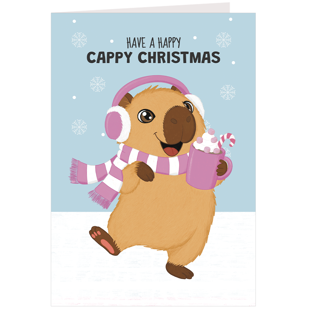 Capybara Christmas card featuring pink earmuffs, a striped scarf and hot chocolate, with the message Have a Happy Cappy Christmas.