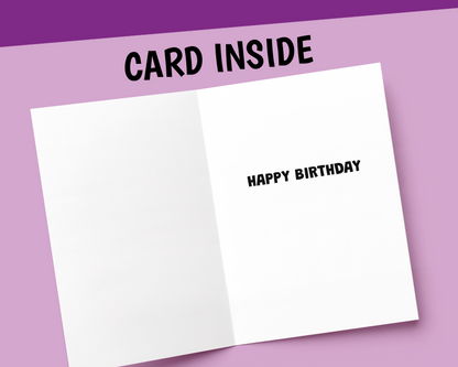 An open white greeting card shown against a lavender background with a purple banner at the top. The text 'CARD INSIDE' appears at the top, and the right panel reads 'HAPPY BIRTHDAY' in black letters.