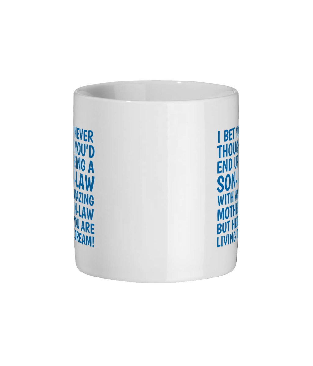 White mug with blue text on a white background