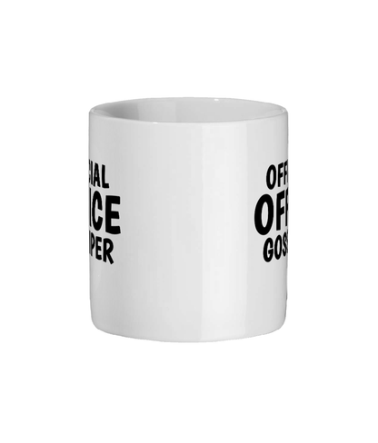 White mug with black text on a white background