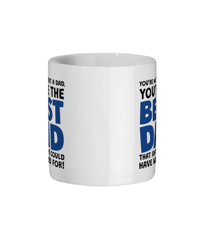 White mug with text on a white background