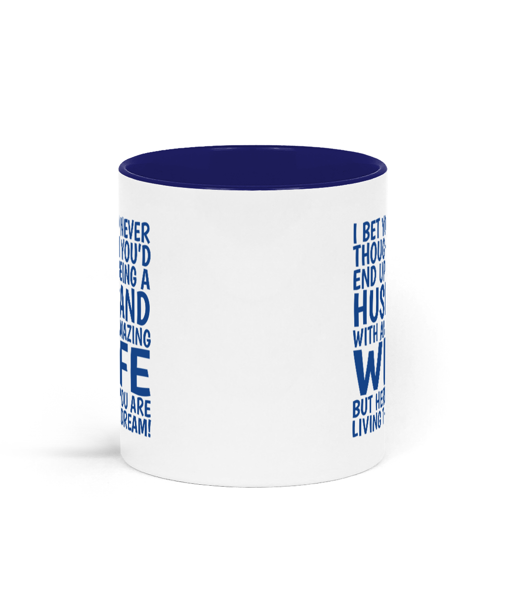 White mug with blue interior and text design on a white background
