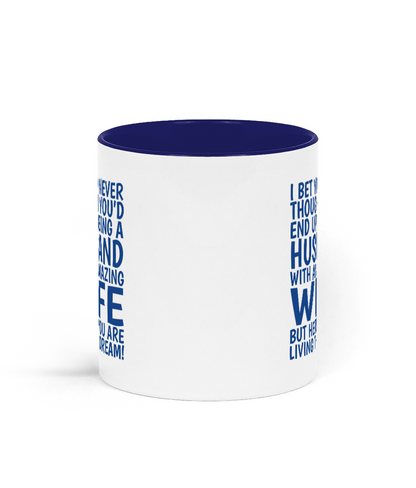 White mug with blue interior and text design on a white background