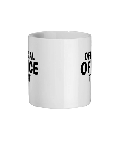 White mug with black text on a white background