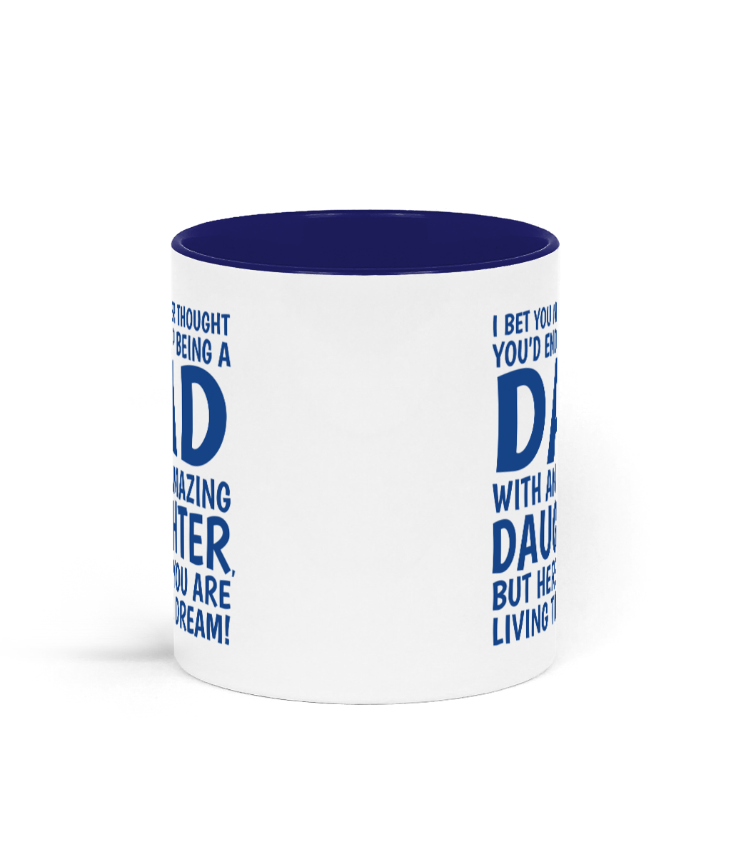 White mug with blue interior and text on a white background