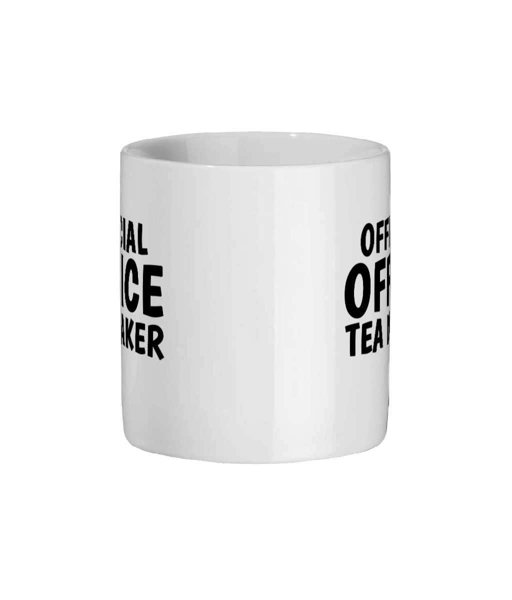 White mug with black text on a white background