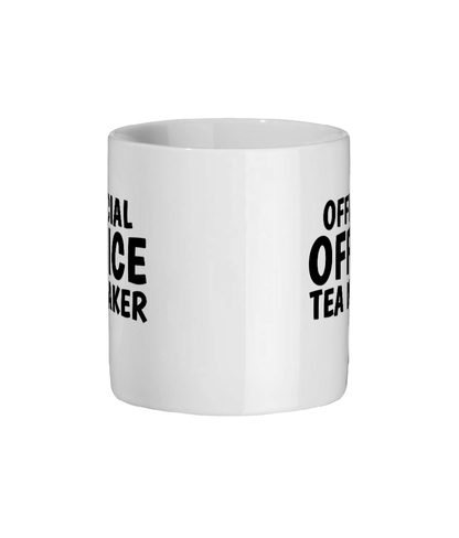 White mug with black text on a white background