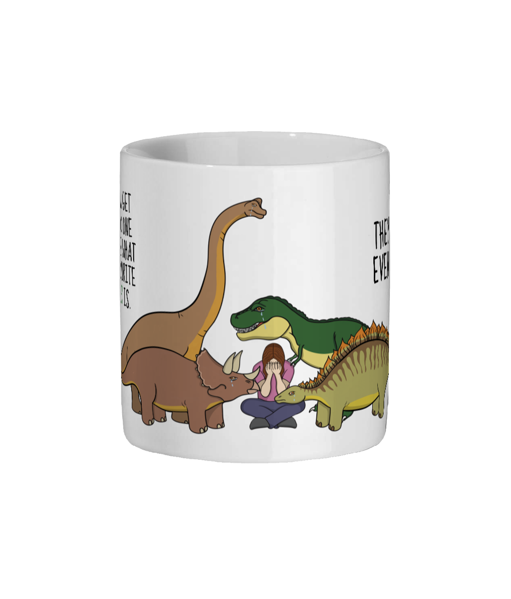 Funny dinosaur meme mug featuring the quote nobody asks what your favourite dinosaur is anymore with cartoon dinosaurs