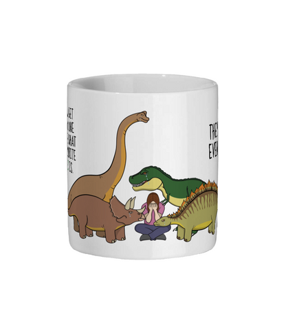 Funny dinosaur meme mug featuring the quote nobody asks what your favourite dinosaur is anymore with cartoon dinosaurs