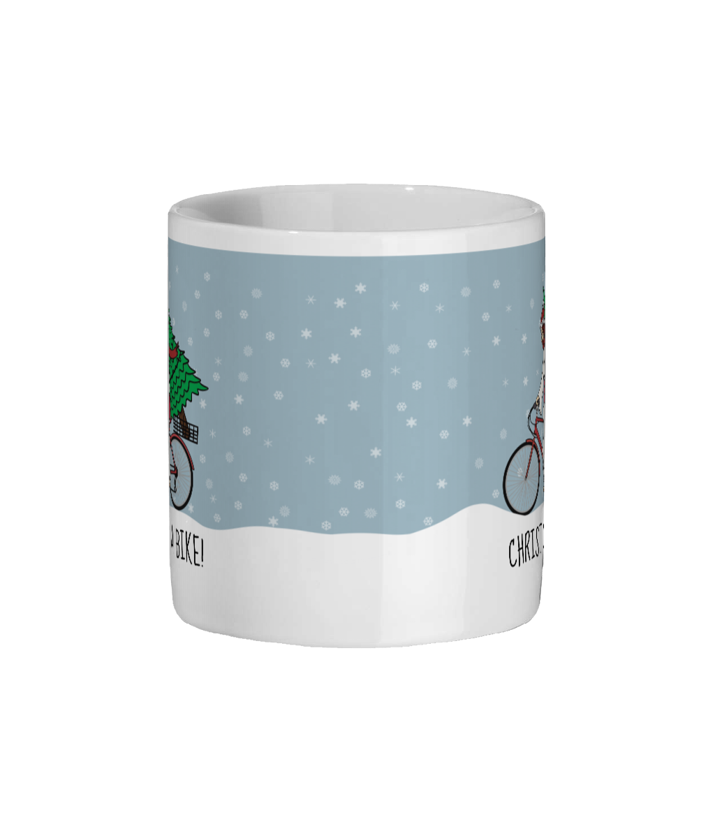 Funny Christmas ceramic mug with illustration of Christ riding a bike carrying a Christmas tree and text “Christ on a Bike” - Centre Side