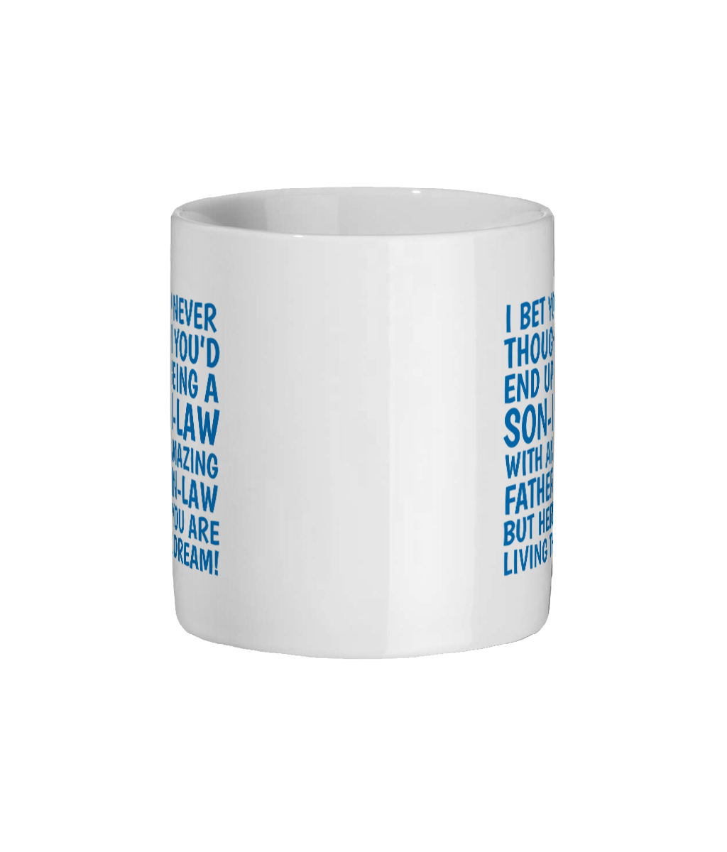 White mug with blue text on a white background