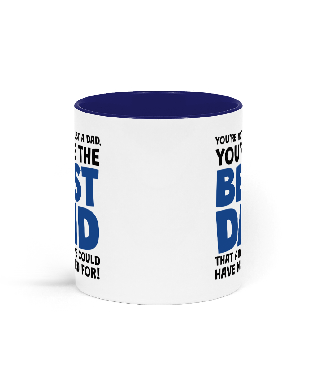 White mug with blue interior and text on a white background