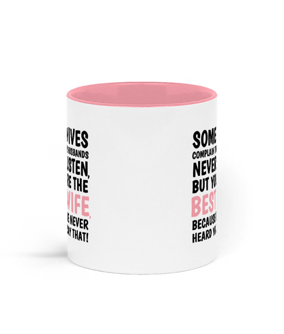 White mug with pink interior and text on a white background